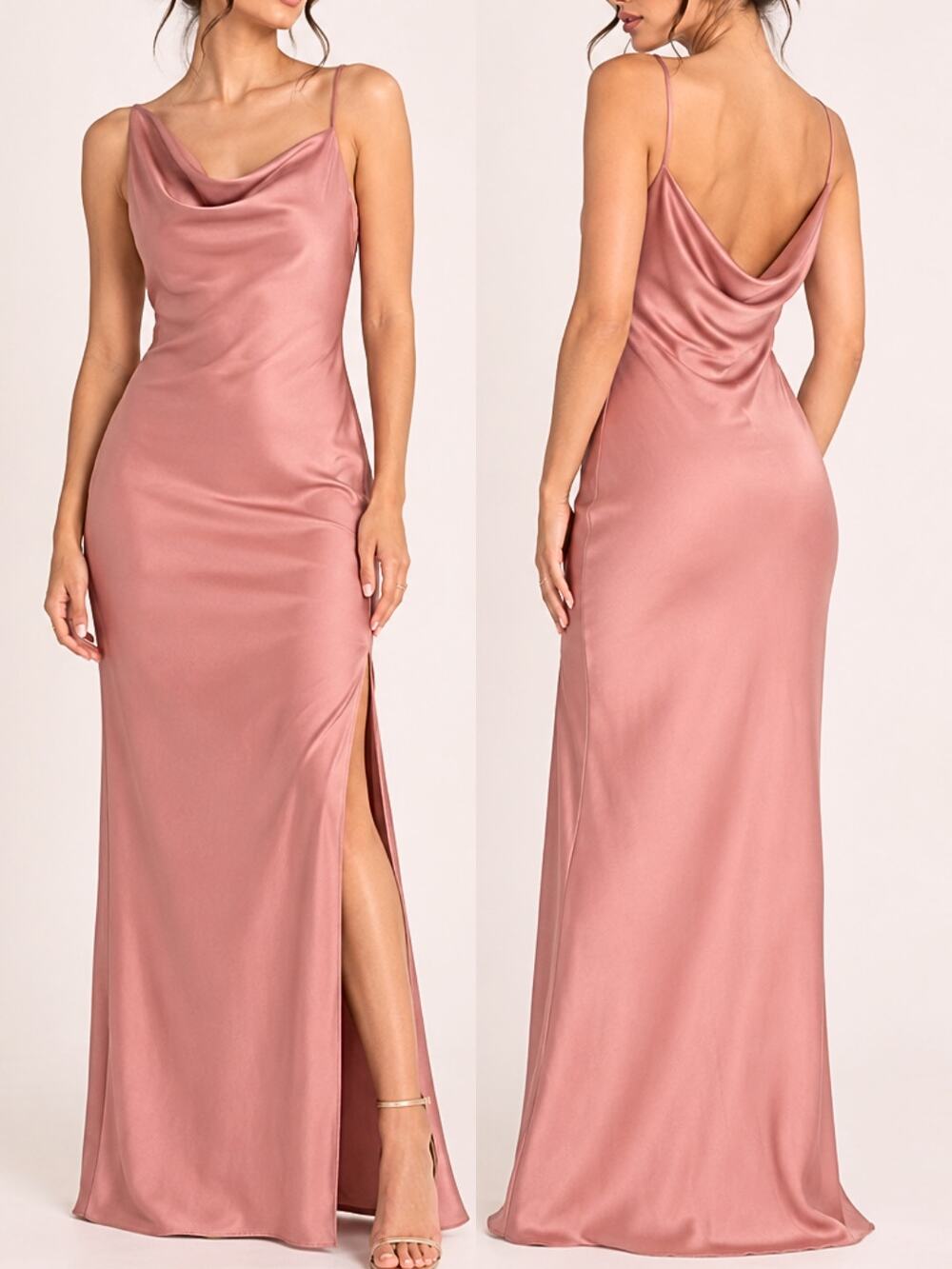 Social Bridesmaid Dusty Rose Cowl Neck Satin Maxi Dress Formal Gown Wedding Prom